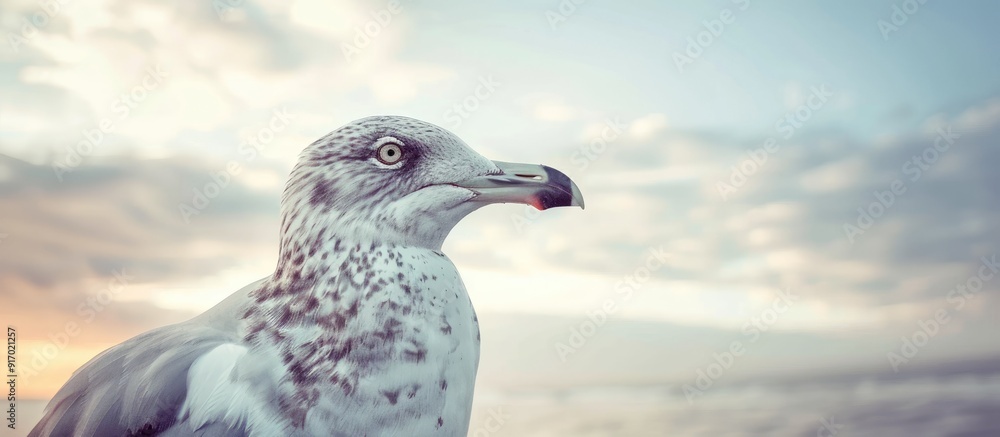 Poster Detailed close up photo of a seagull with a vast sky as the background suitable for inclusion in designs as a copy space image