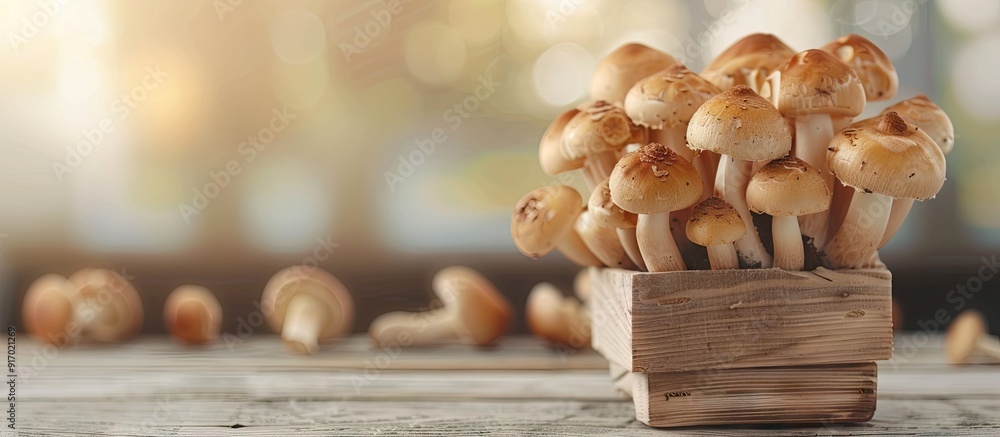 Poster mushrooms on the table in a container with copy space image