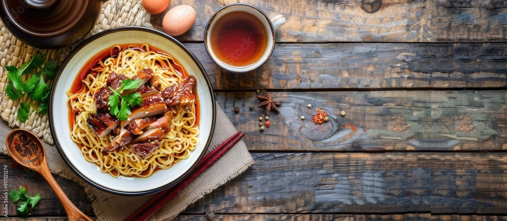 Aufkleber chinese style plates with egg noodles topped with barbeque pork served on a wooden table alongside t