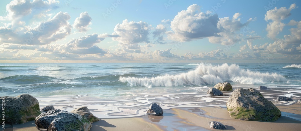 Poster seascape with rocks and sandy beach providing a beautiful view in the copy space image