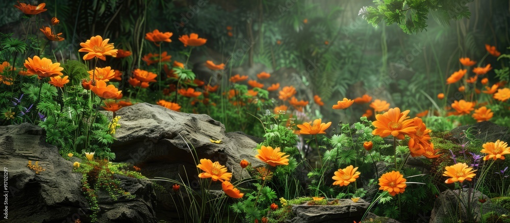 Poster vivid orange blooms in an enchanting garden setting perfect for a copy space image