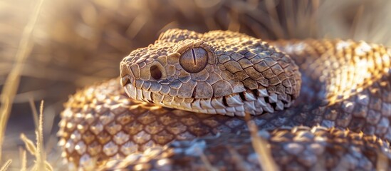 Obraz premium The head and tail of a rattlesnake with a blurred background for copyspace image
