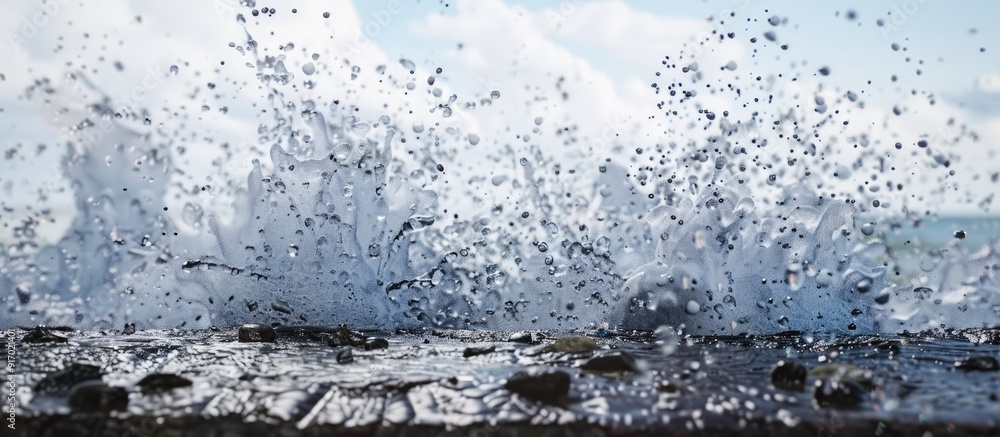 Poster A frozen motion shot captures water splashing against a wall or ground exploding into droplets that flutter through the air ideal for texture elements in a copy space image
