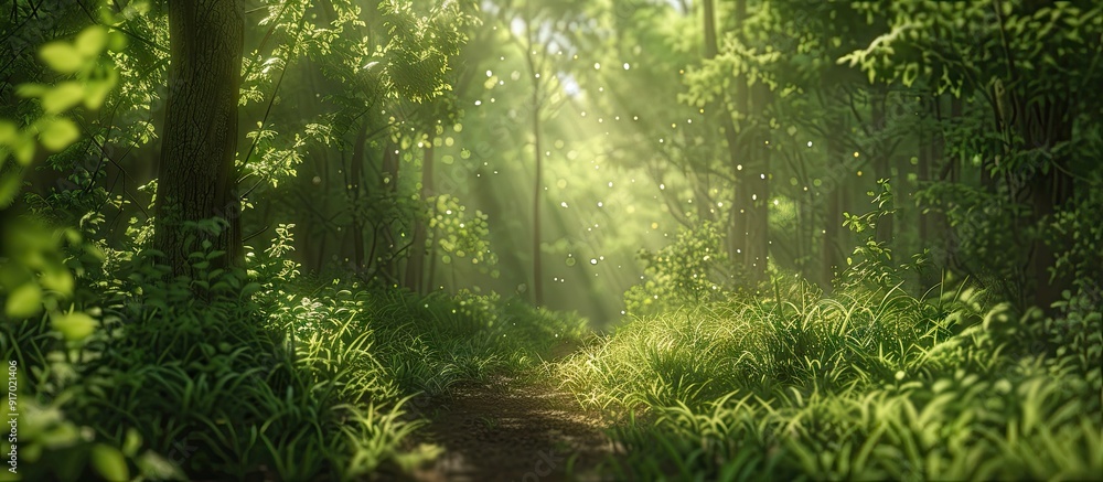 Aufkleber A serene forest setting with sunlight filtering through lush green leaves of tall trees onto a small dirt path creating lens flares in the idyllic copy space image
