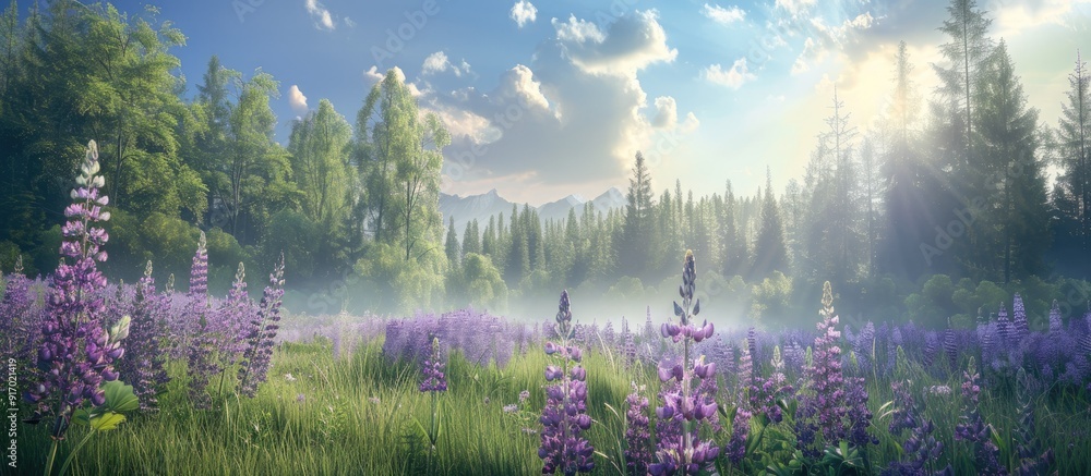 Poster Scenic spring view featuring blooming lupine in the nature surroundings of Pruzhany Brest region with a copy space image