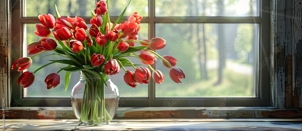 Poster a bouquet of red tulips in a vase on the windowsill as a lovely gift portrays a copy space image wit