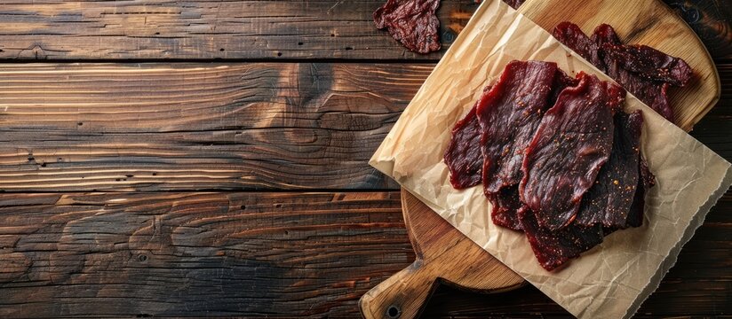 Dried beef jerky pieces displayed on a cutting board and paper with available copy space image