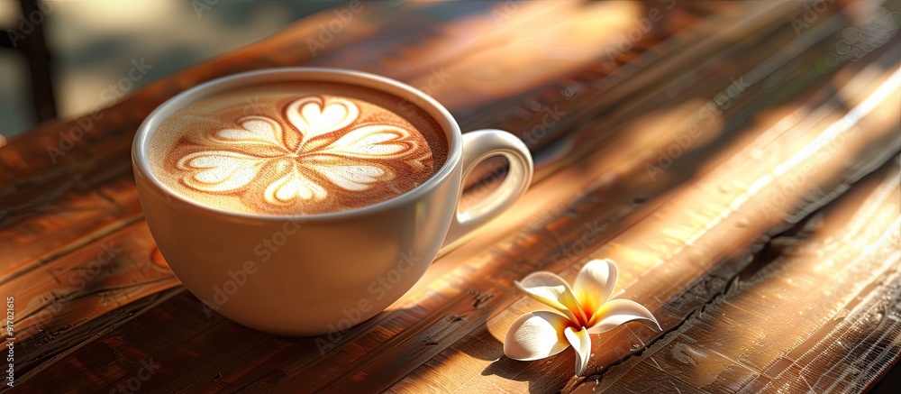 Aufkleber cappuccino coffee cup displaying a delicate flower latte art design atop a wooden table with a compl