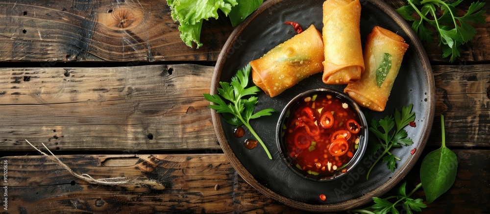 Aufkleber spring rolls deep fried with plum sauce on a wooden backdrop create a delectable scene with copy spa