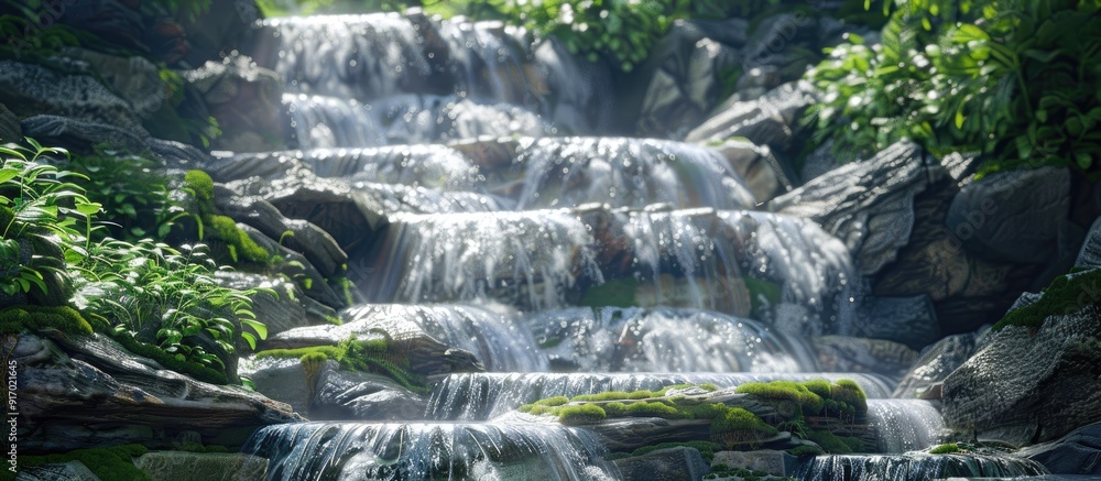 Poster water cascading down a rocky waterfall captured in a copy space image