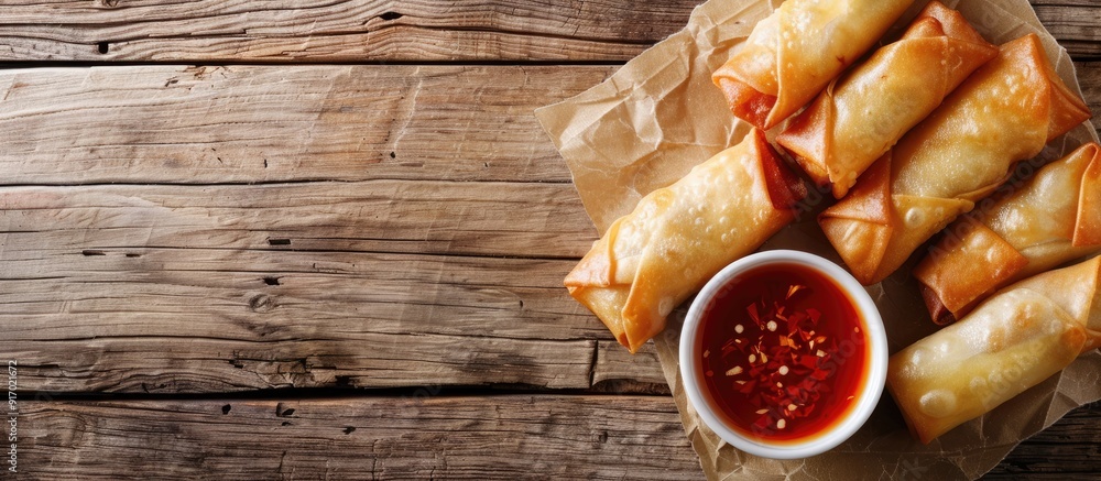 Aufkleber Spring rolls deep fried with plum sauce on a wooden backdrop create a delectable scene with copy space image