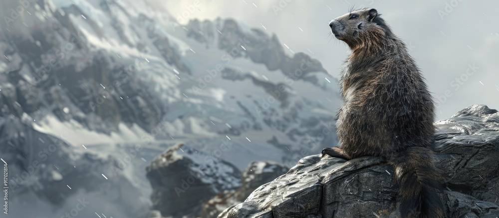 Poster a marmot marmota keeps watch over its surroundings from a rocky perch looking out into the distance 