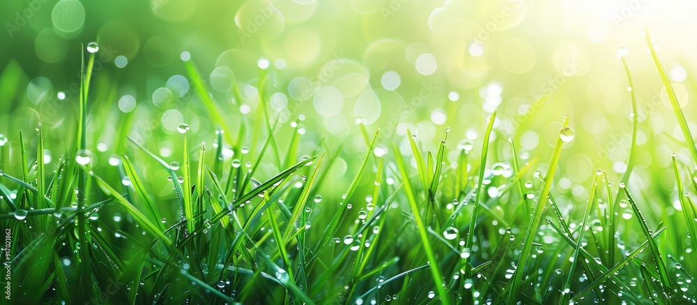 Poster Green grass background with water drops creating a refreshing and artistically appealing image with copy space