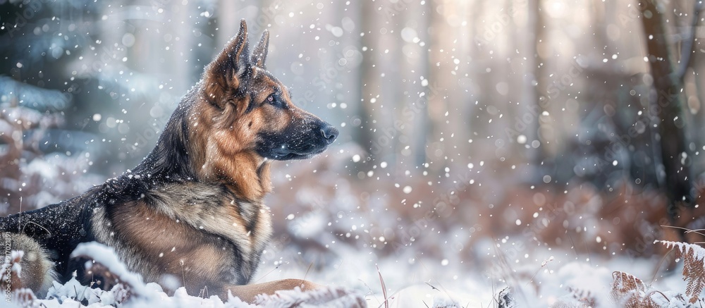 Aufkleber a german shepherd dog is pictured in a snowy forest creating a tranquil and peaceful copy space imag