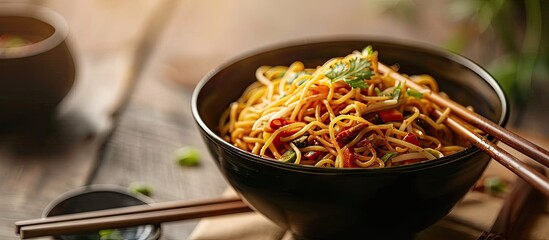 Popular Indo Chinese dishes like Schezwan Noodles vegetable Hakka Noodles or chow mein are served in a bowl or plate with wooden chopsticks featuring a selective focus for copy space image