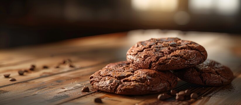 Close up of three chocolate cookies on a table with copy space image