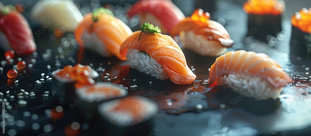Poster Various types of sushi displayed in a copy space image