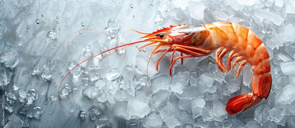 Aufkleber Shrimp displayed on ice with copy space image available at market