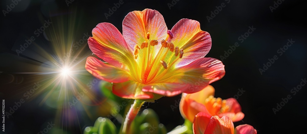 Poster macro photograph displaying a colorful lewisia cotyledon blossom in a german garden highlighted by b