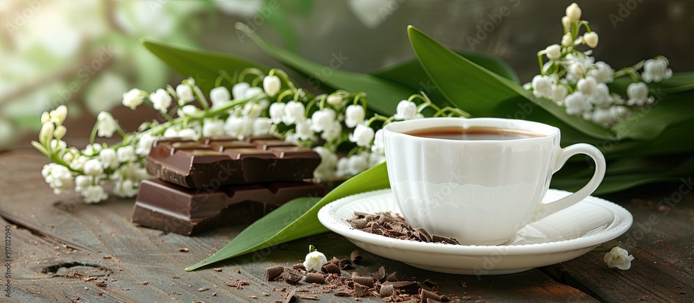 Poster A white teacup sits on a saucer in the middle with lilies of the valley and chocolate in the background as a copy space image
