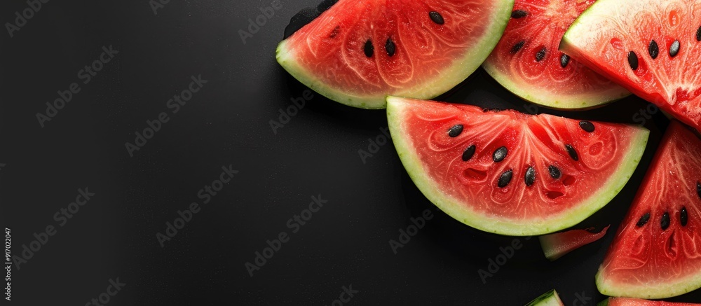 Poster Watermelon slices on a black background with copy space image