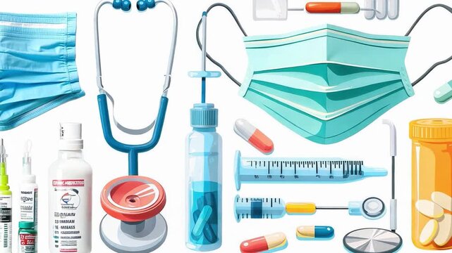 Vector illustration of diverse medical equipment including a surgical mask, pill bottle, and otoscope, isolated on a white background.