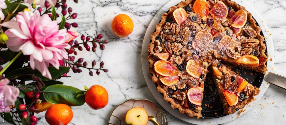Poster Fruit cake in a pie with a slice missing displayed on a white marble counter with a floral arrangement providing copy space image for text or recipes