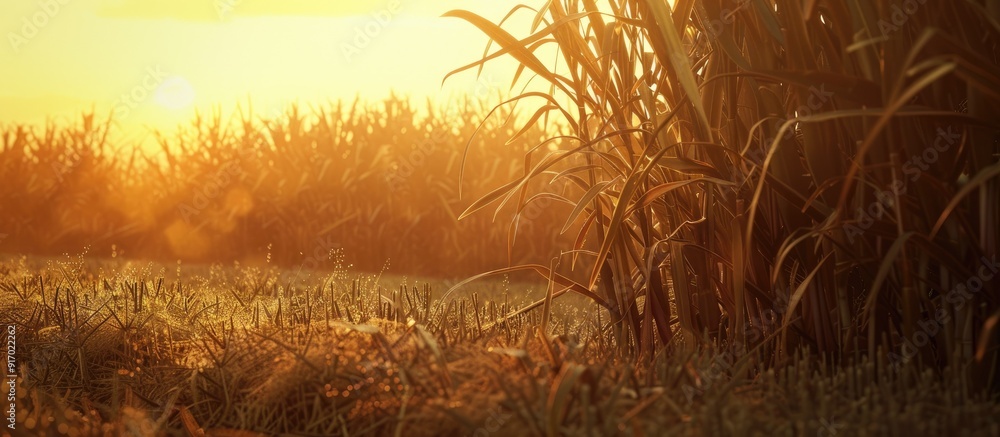 Poster harvested sugarcane fields under the sunrise are clearly visible in the copy space image