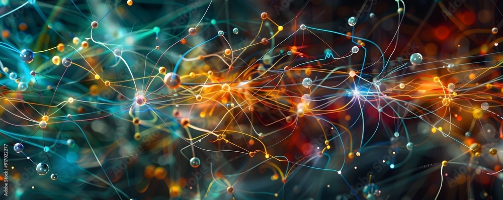 Poster abstract network with colorful lines and spheres.