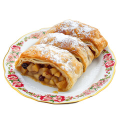 front view of Apfelstrudel with German apple strudel, filled with spiced apples and raisins, isolated on a white transparent background