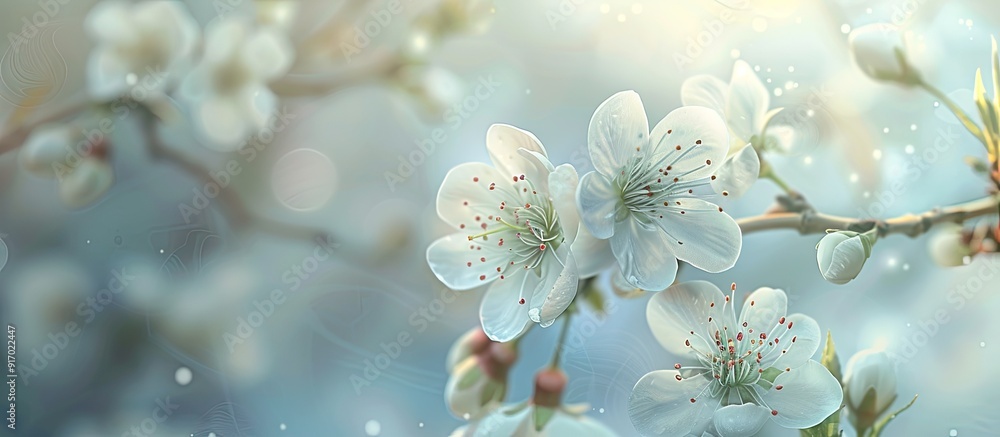 Poster close up image of a branch showcasing white spring flowers and buds against a blurred background per
