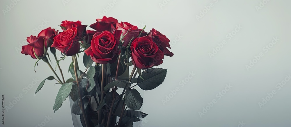Poster close up shot of a bouquet of red roses on a white backdrop with copy space image available