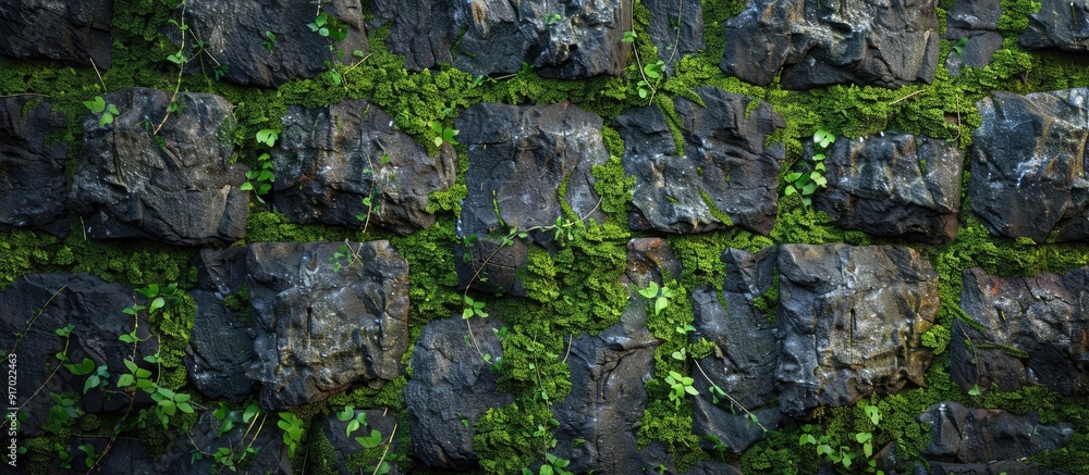 Poster Stone textured background with lush green moss adding depth and interest perfect for a copy space image