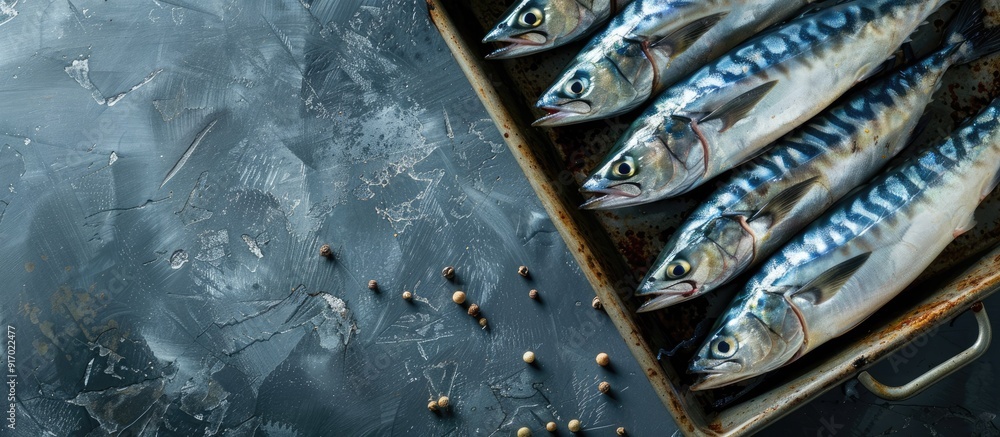 Poster Mackerel fishes neatly arranged on tray with copy space image
