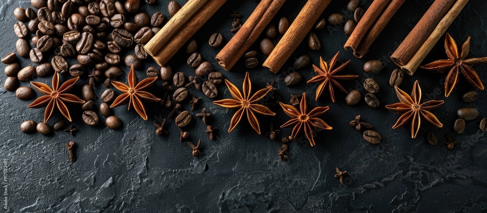 Poster various spices like star anise cinnamon sticks and coffee beans arranged artfully on a sleek dark co
