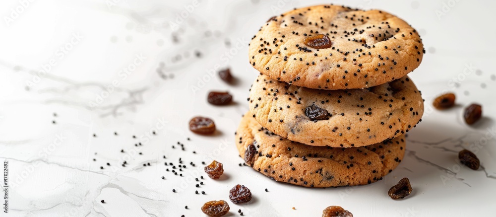 Poster delicious cookies with raisins and poppy seeds on a white background perfect for any design needing 