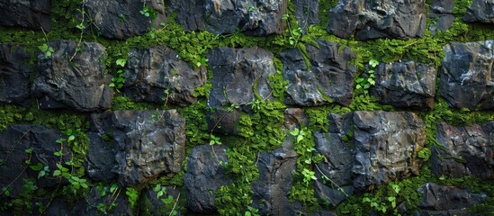 Stone textured background with lush green moss adding depth and interest perfect for a copy space image