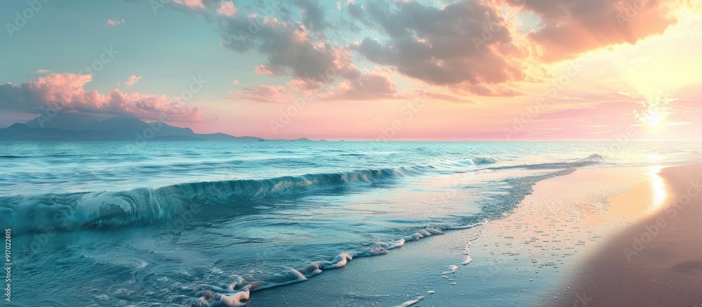 Poster beautiful summer beach sunset landscape with colorful sky and reflections on calm waves featuring a 