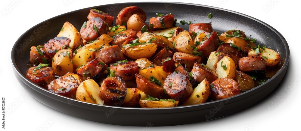 Leinwandbilder a frying pan with cooked sausage and potatoes on a white background with copy space image
