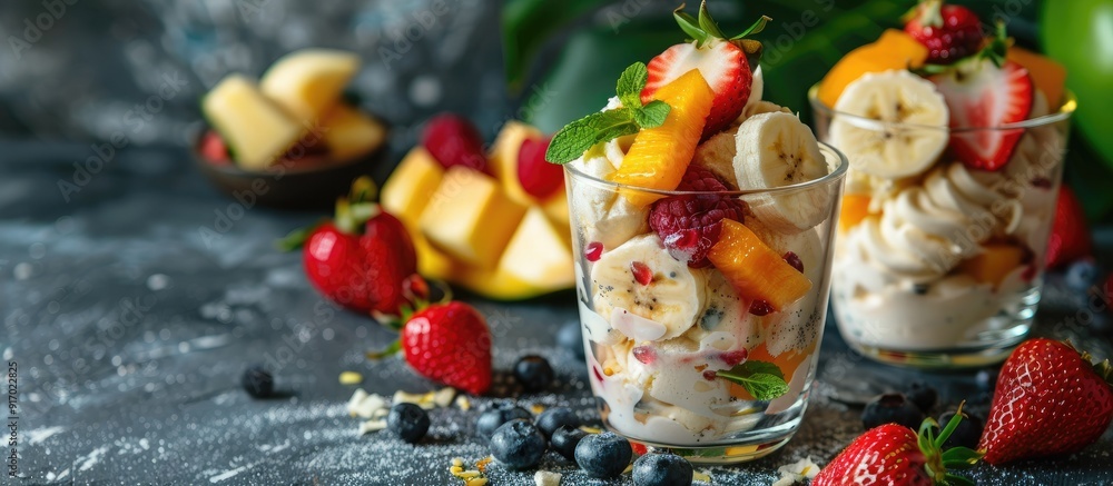 Poster healthy dessert featuring vegan banana ice cream with tropical fruits in the background all displaye