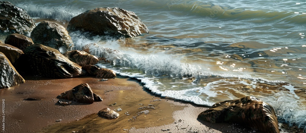 Poster Scenic view of rocks waves and coastline on a beach with a wide copy space image