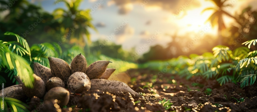 Poster cassava in the picturesque rural setting with lush greenery and beautiful scenery with copy space im