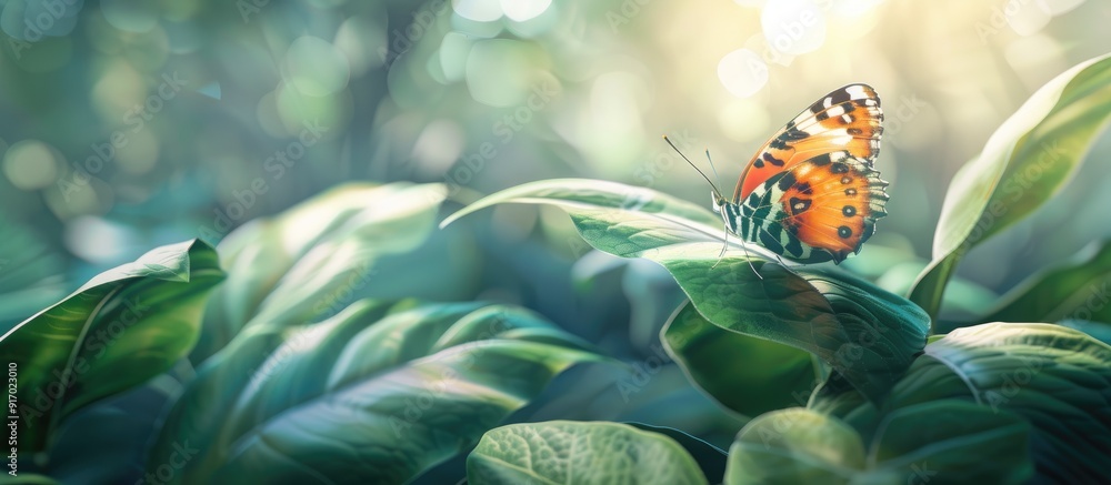 Poster Butterfly resting gracefully on a leaf in a summery setting with ample copy space image