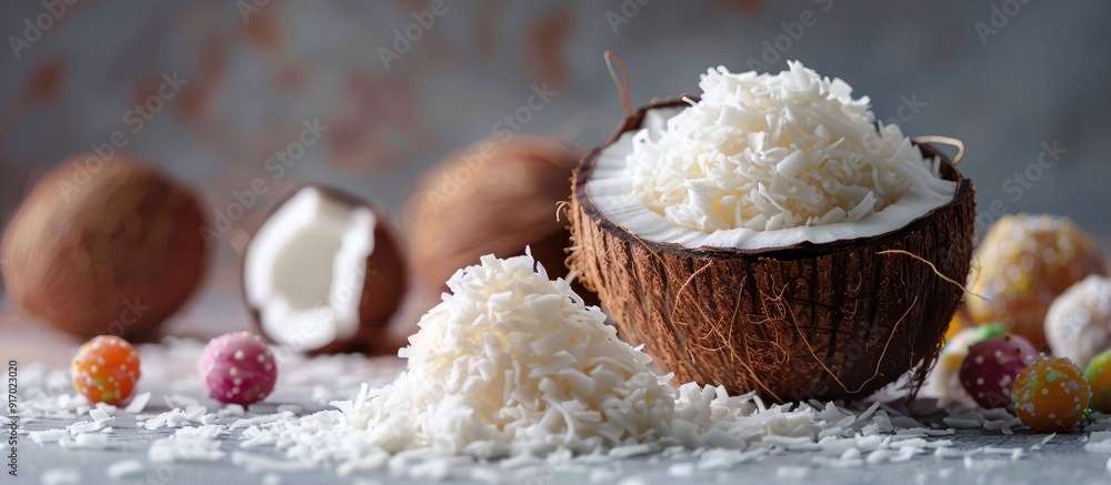 Poster detailed close up of delicious coconut with shavings a whole coconut and assorted candies on a neutr