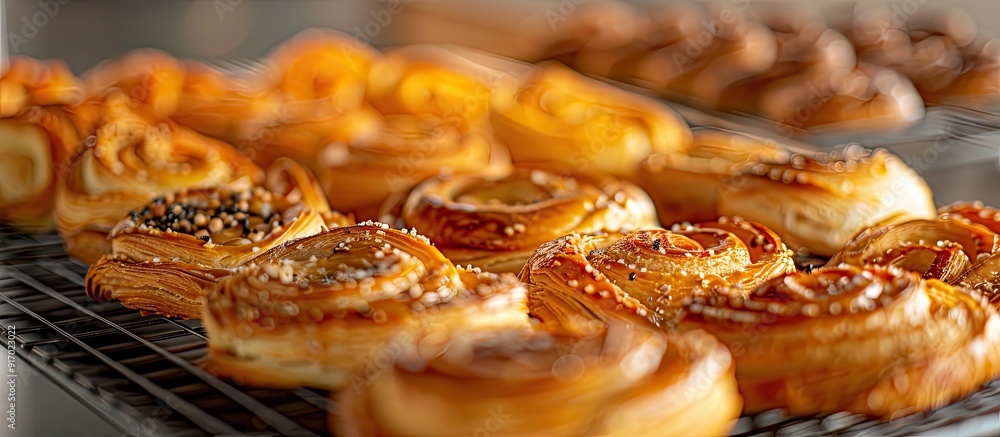 Poster variety of homemade puff pastry pastries like palmiers and elephant ears displayed on a cooling rack