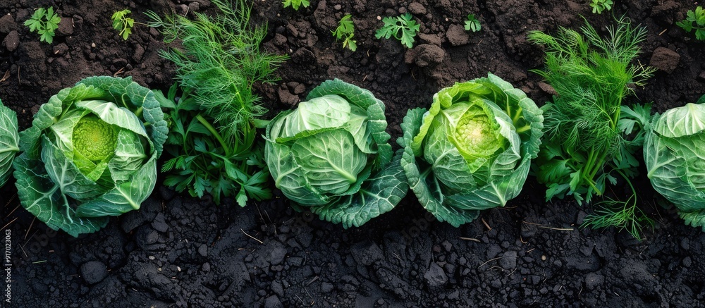 Poster Fresh young cabbage forks arranged decoratively on a bed of garden plots with dill creating a beautiful composition with copy space image