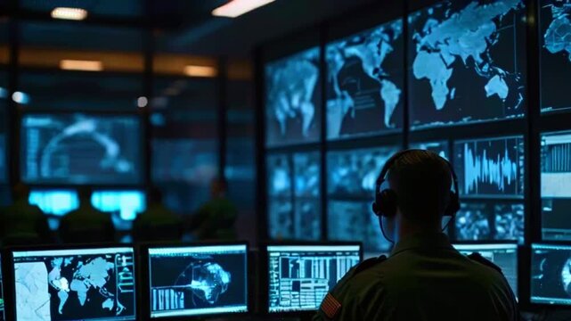 A soldier wearing a headset sits in front of computer monitors showing graphs and maps.