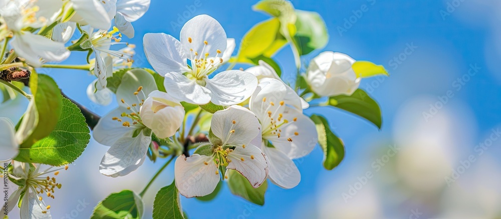 Poster white apple blossom flower in close up on apple tree branches against a blue sky background with sel