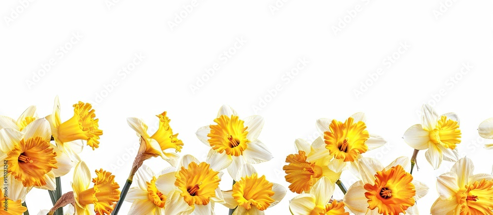 Poster bright yellow daffodils in a copy space image against a white backdrop