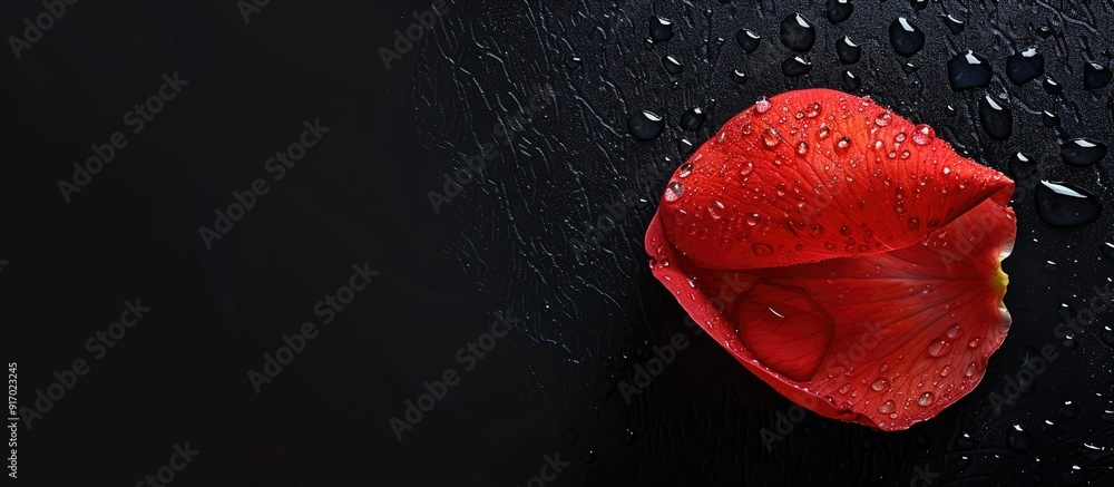 Poster Red rose petal with water drops on a black background ideal for overlaying text or design elements copy space image